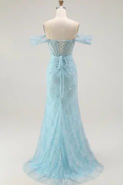 Azul Sereia Fora Do Ombro Longos Vestido Baile De Formatura Com Fenda