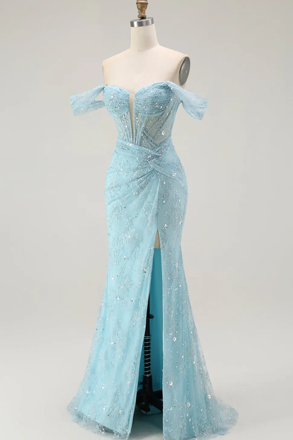 Azul Sereia Fora Do Ombro Longos Vestido Baile De Formatura Com Fenda
