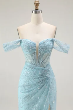 Azul Sereia Fora Do Ombro Longos Vestido Baile De Formatura Com Fenda