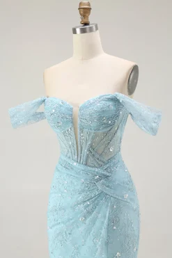 Azul Sereia Fora Do Ombro Longos Vestido Baile De Formatura Com Fenda