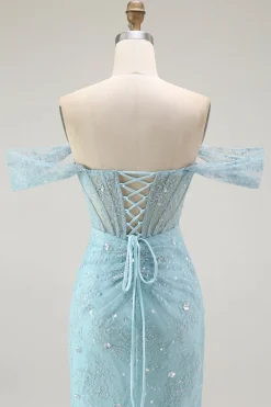 Azul Sereia Fora Do Ombro Longos Vestido Baile De Formatura Com Fenda