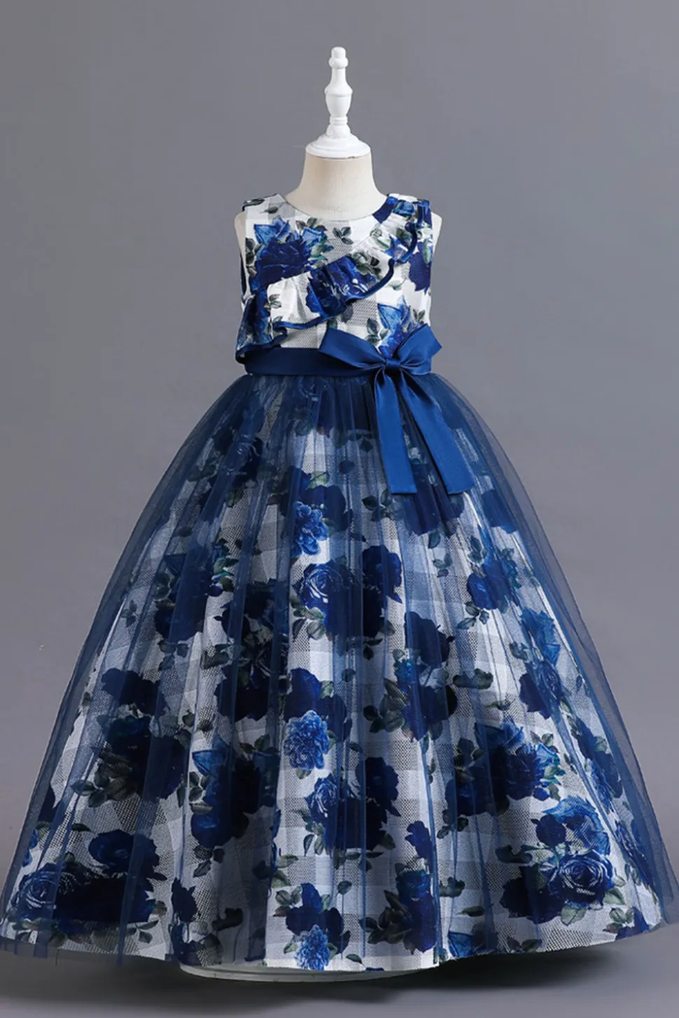 Azul Tule Vestido de Menina Com Babado