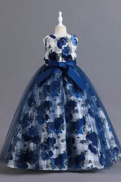 Azul Tule Vestido de Menina Com Babado