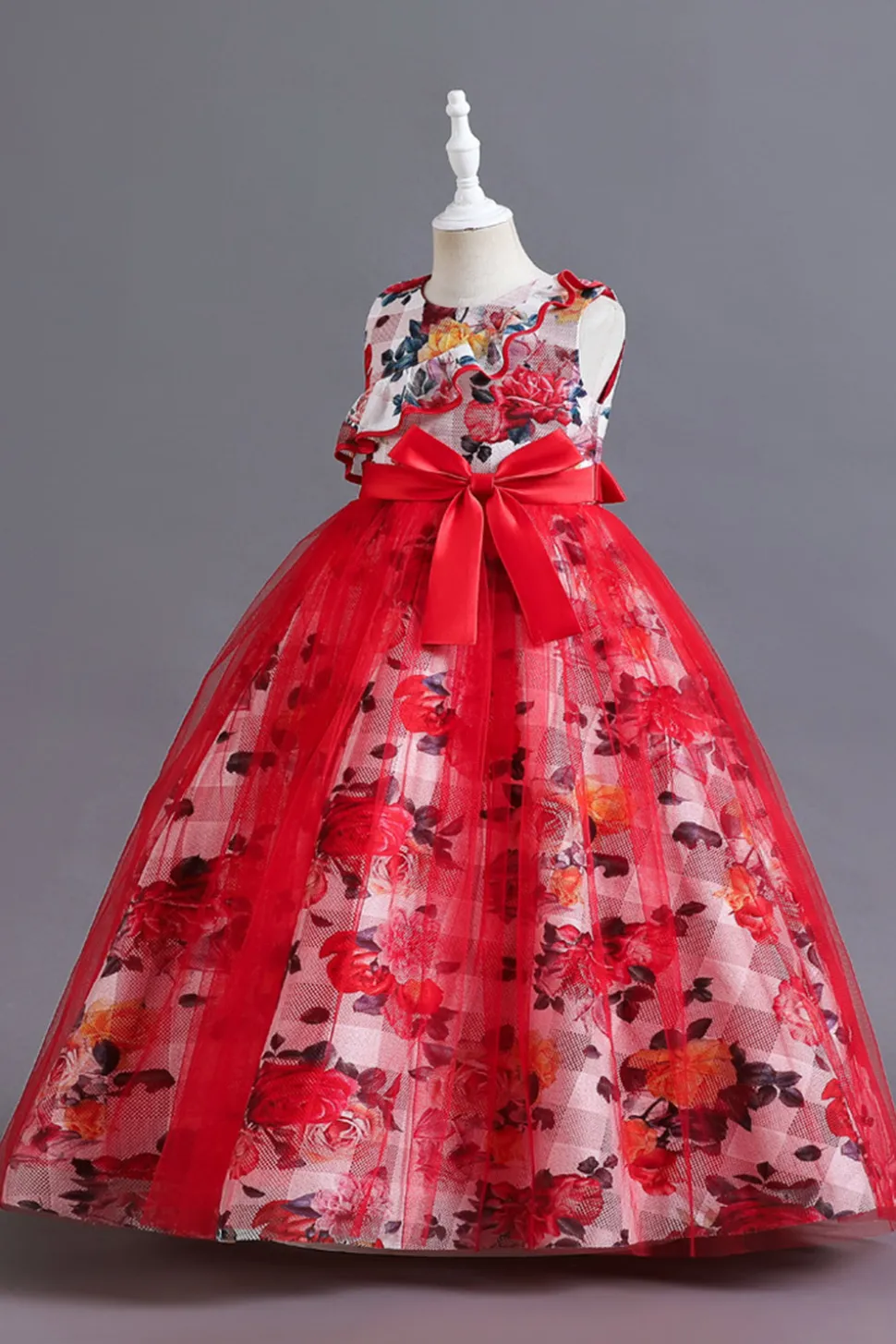 Azul Tule Vestido de Menina Com Babado