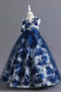 Azul Tule Vestido de Menina Com Babado
