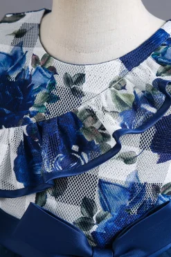 Azul Tule Vestido de Menina Com Babado