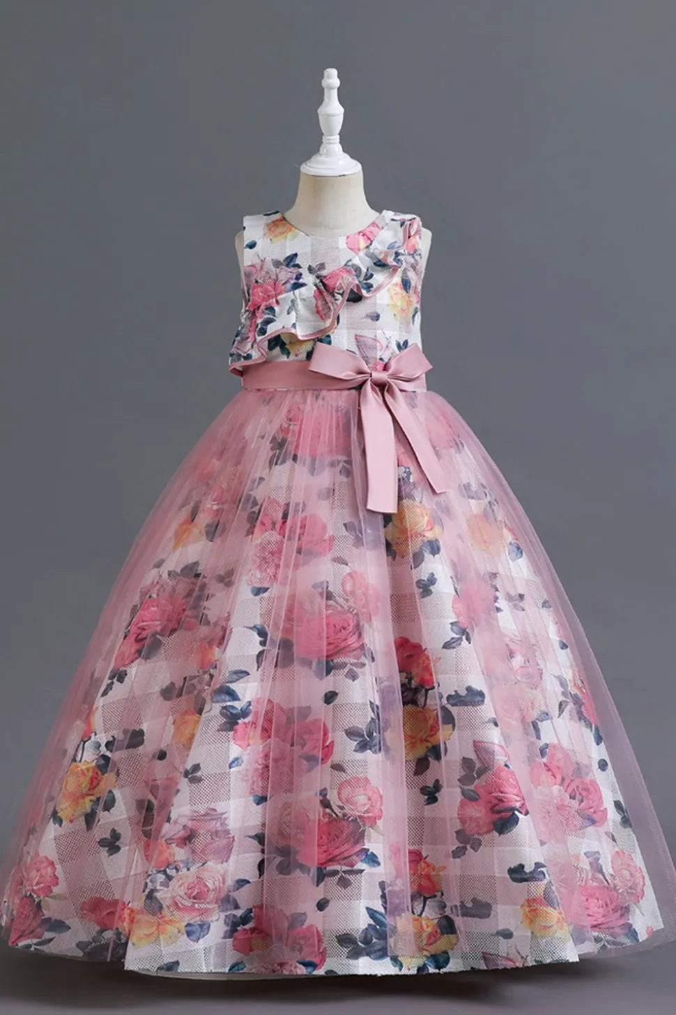 Azul Tule Vestido de Menina Com Babado