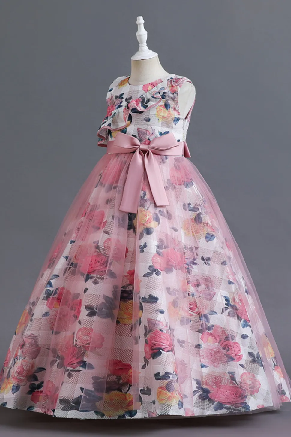 Azul Tule Vestido de Menina Com Babado