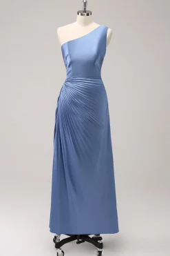Azul Um Ombro Cetim Keyhole Long Bridsmaid Dress