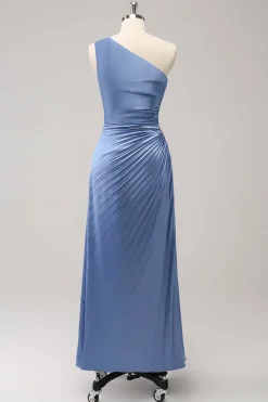 Azul Um Ombro Cetim Keyhole Long Bridsmaid Dress