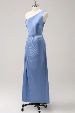 Azul Um Ombro Cetim Keyhole Long Bridsmaid Dress