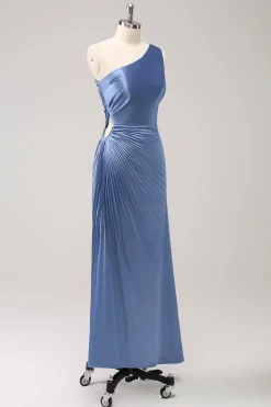 Azul Um Ombro Cetim Keyhole Long Bridsmaid Dress