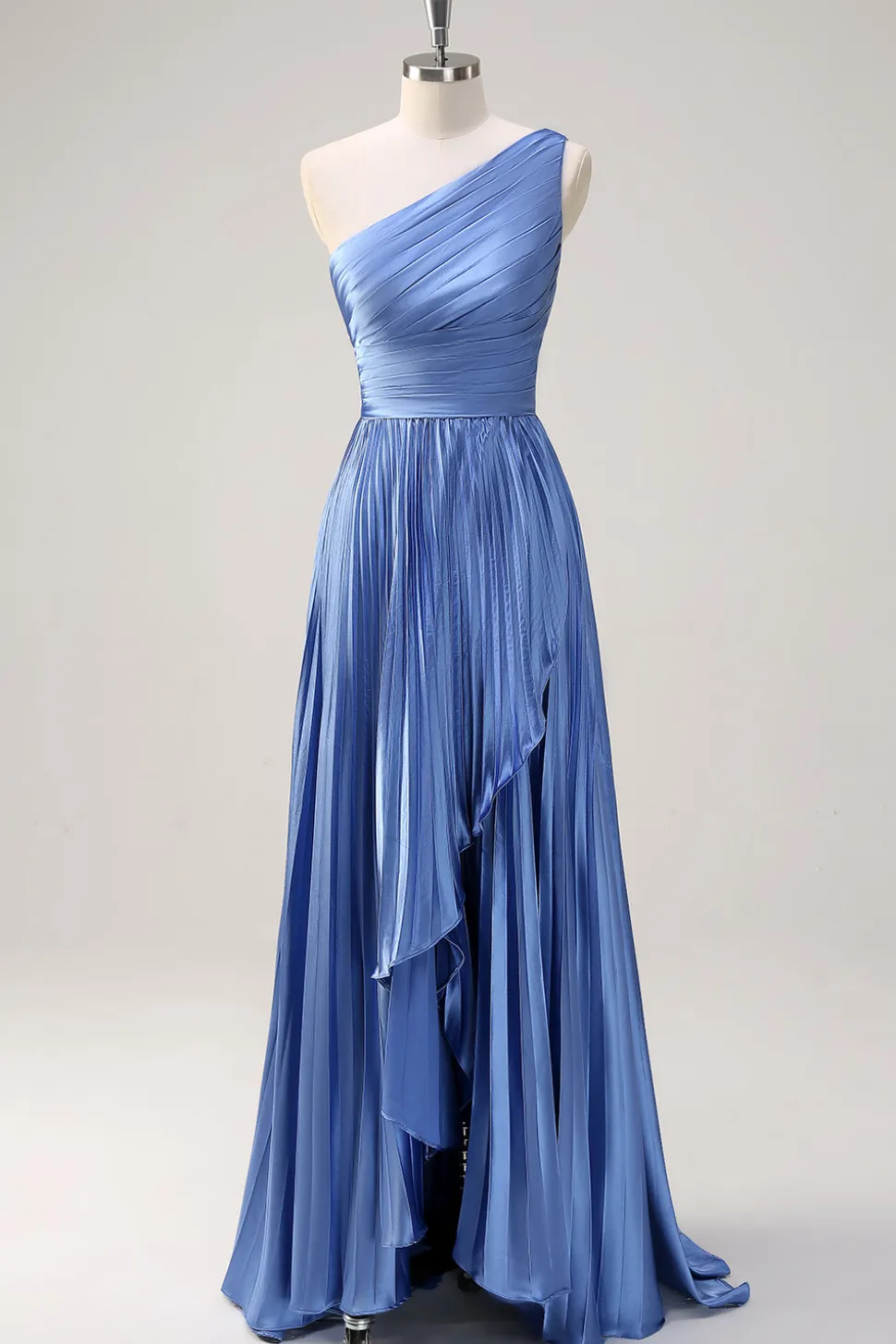 Azul Uma linha de um ombro plissado longo vestido de dama de honra com fenda de babados