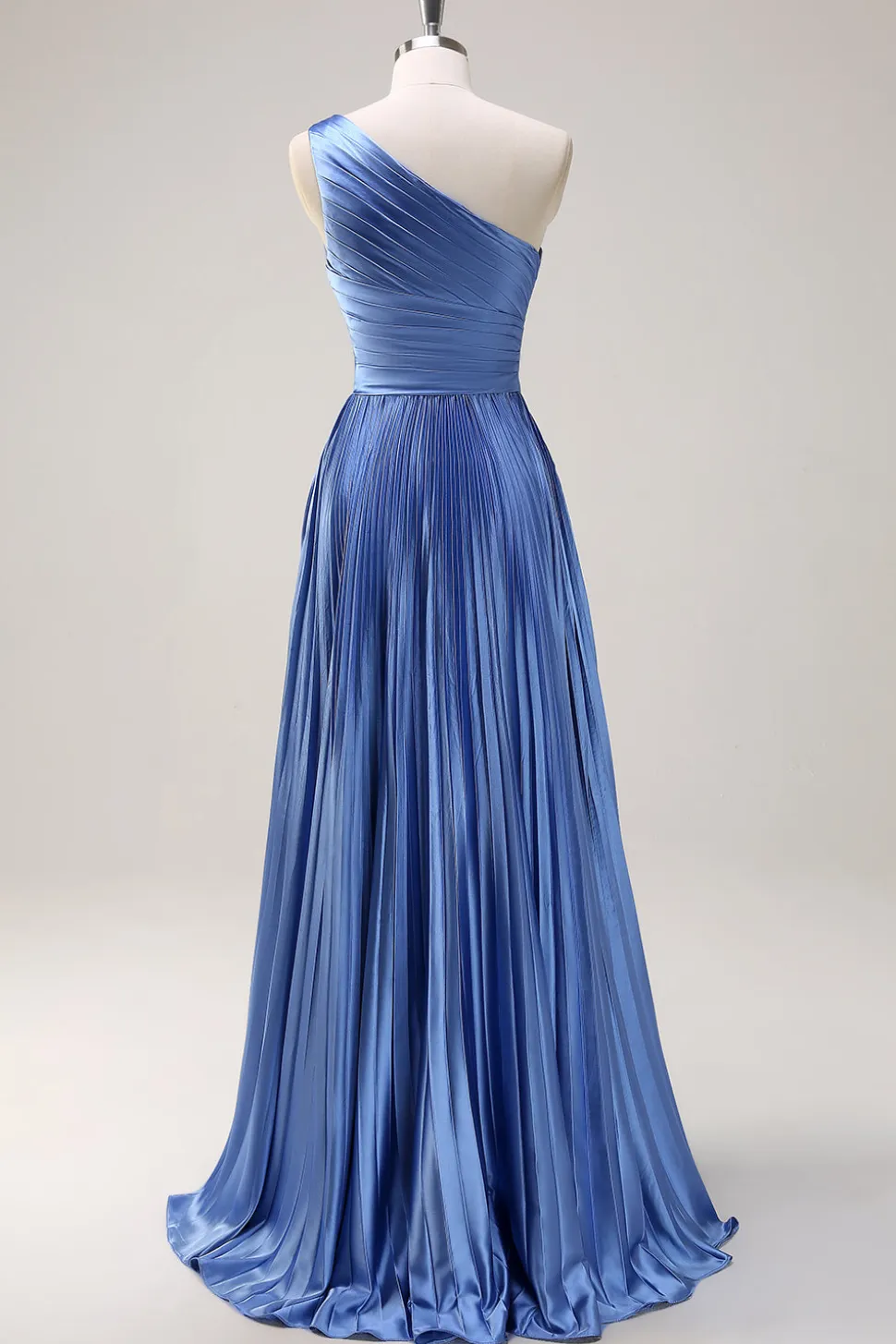Azul Uma linha de um ombro plissado longo vestido de dama de honra com fenda de babados