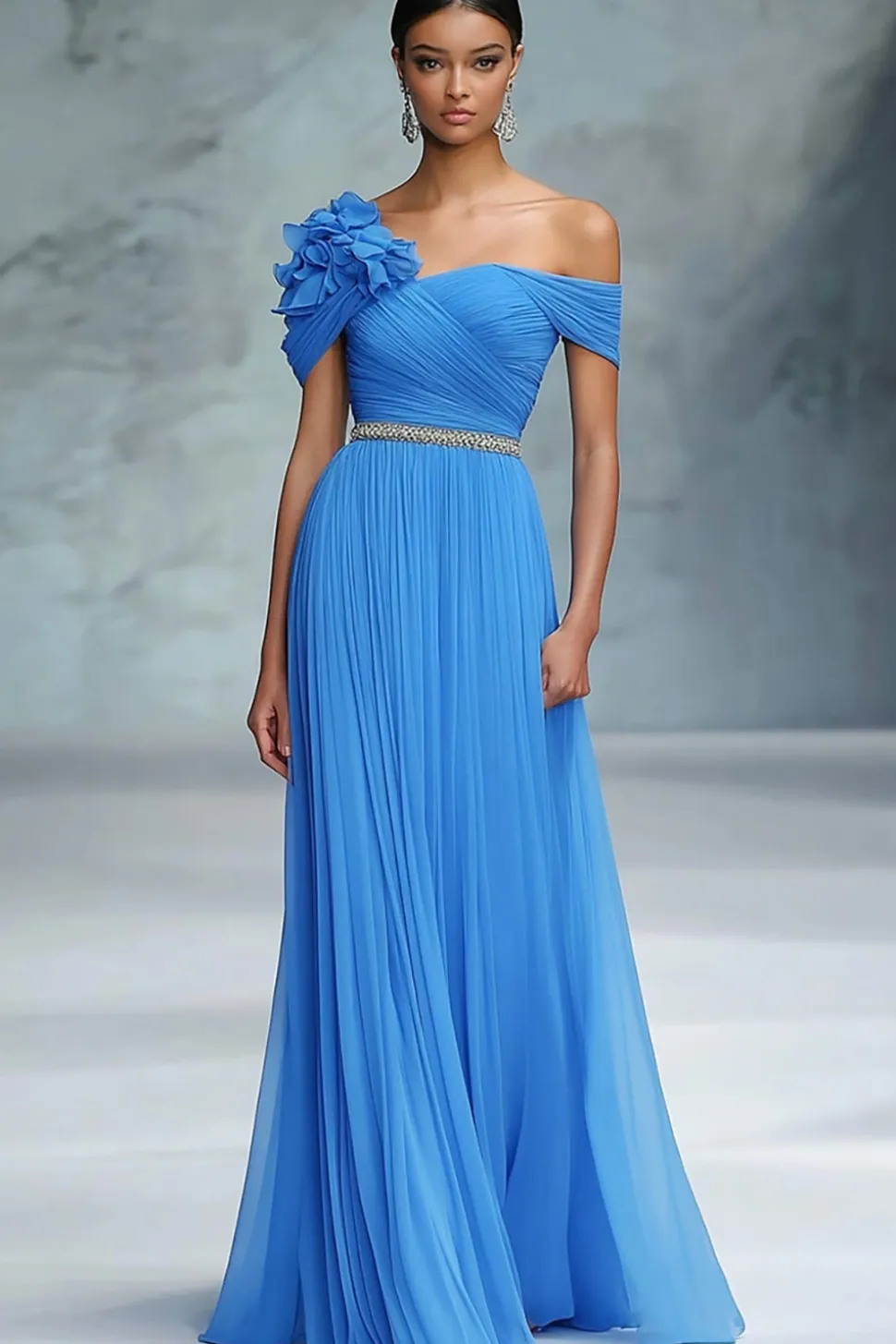 Azul Uma linha fora do ombro Ruched Long Gala Ball Dress