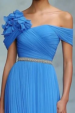 Azul Uma linha fora do ombro Ruched Long Gala Ball Dress