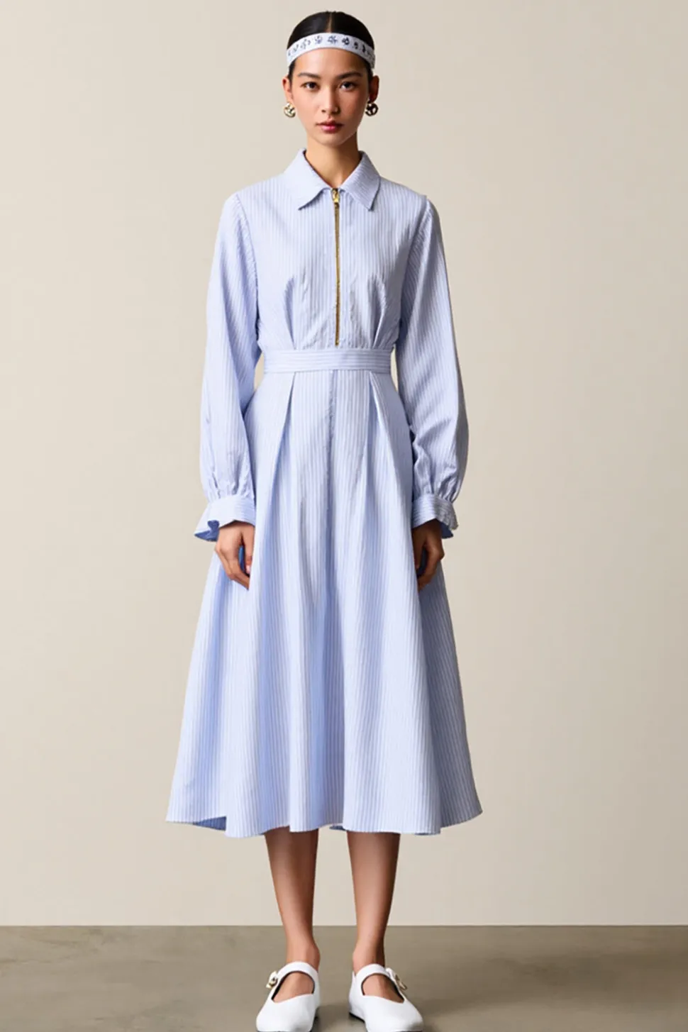 Azul Uma linha listrada midi vestido de casamento convidado