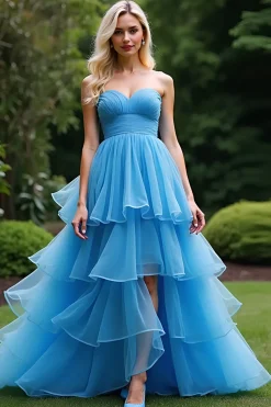 Azul Uma linha querida babado vestido de baile