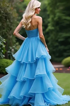 Azul Uma linha querida babado vestido de baile