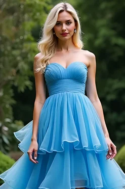Azul Uma linha querida babado vestido de baile