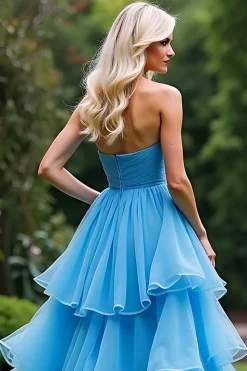 Azul Uma linha querida babado vestido de baile