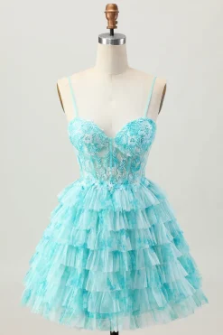 Azul Verde Uma Linha Tiered Print Corset Mini Homecoming Dress com saia de babados