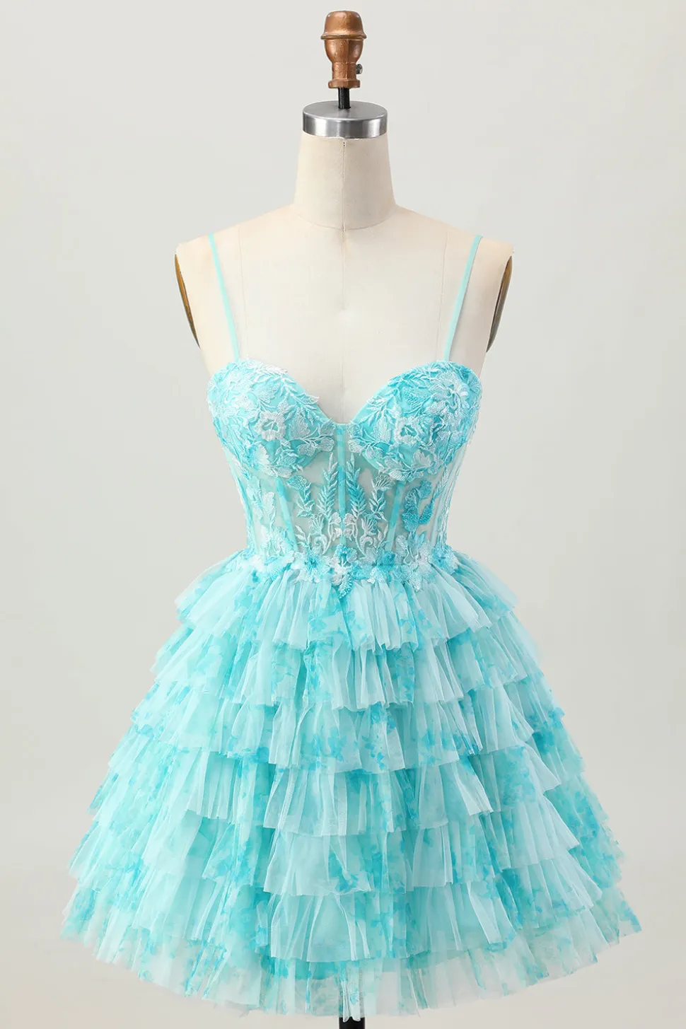 Azul Verde Uma Linha Tiered Print Corset Mini Homecoming Dress com saia de babados