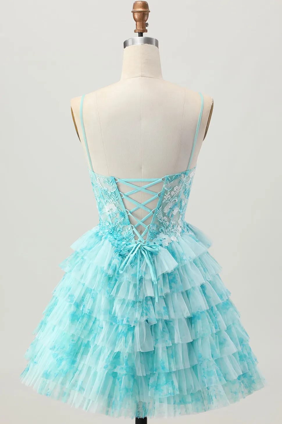 Azul Verde Uma Linha Tiered Print Corset Mini Homecoming Dress com saia de babados
