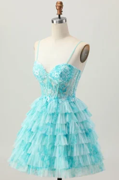 Azul Verde Uma Linha Tiered Print Corset Mini Homecoming Dress com saia de babados