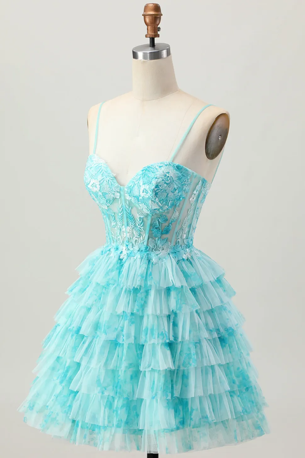 Azul Verde Uma Linha Tiered Print Corset Mini Homecoming Dress com saia de babados