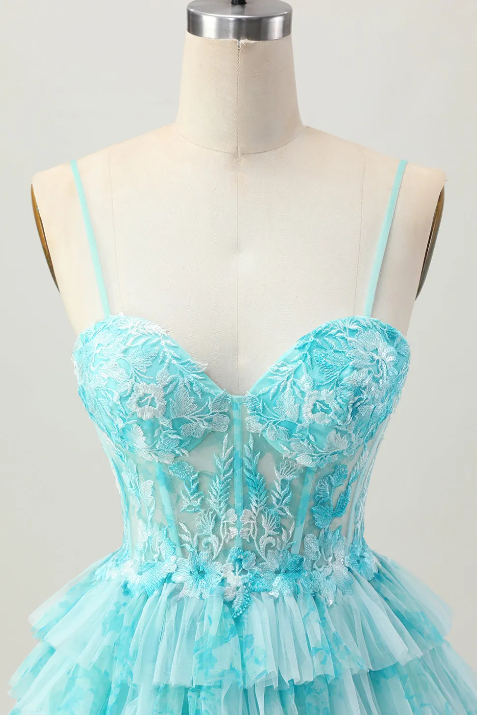Azul Verde Uma Linha Tiered Print Corset Mini Homecoming Dress com saia de babados