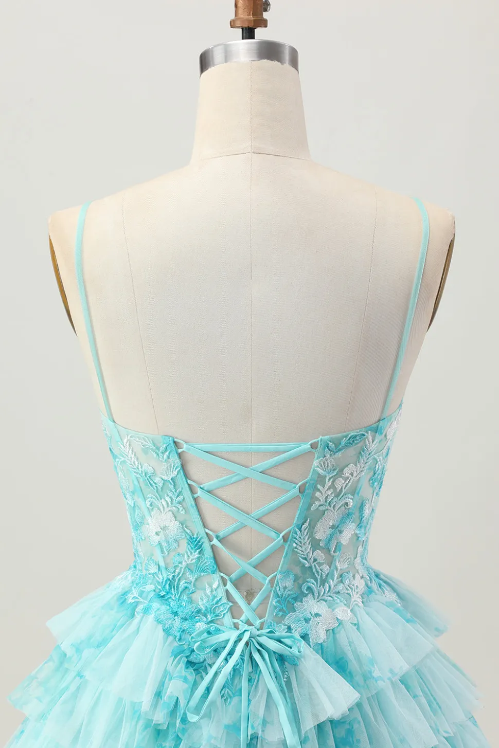 Azul Verde Uma Linha Tiered Print Corset Mini Homecoming Dress com saia de babados