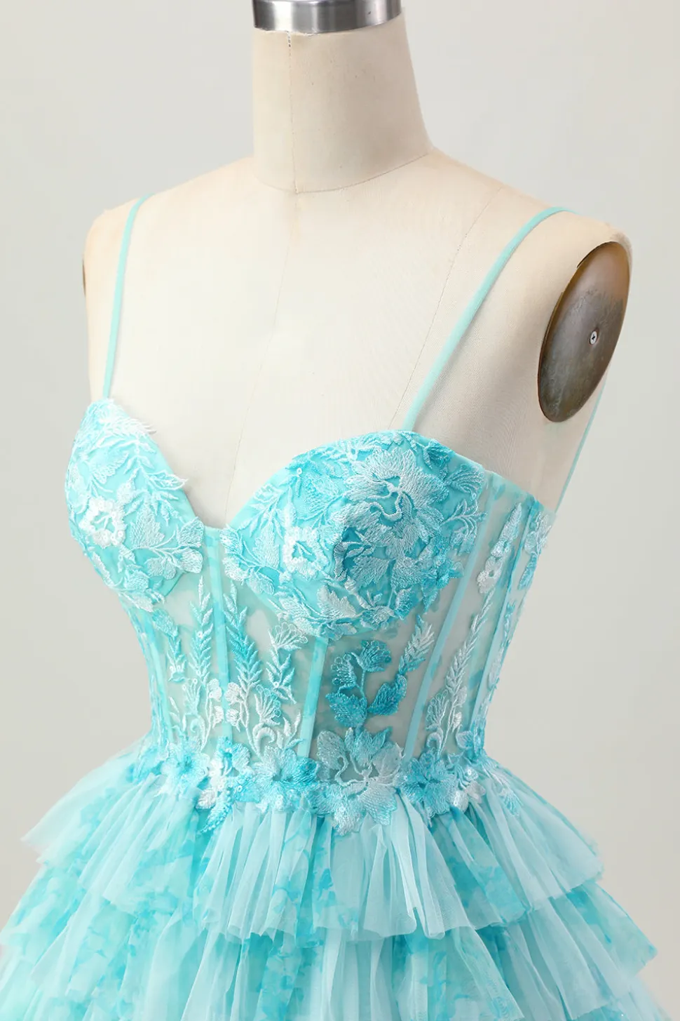 Azul Verde Uma Linha Tiered Print Corset Mini Homecoming Dress com saia de babados