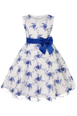 Azul Vestido de Menina Com Laço Renda