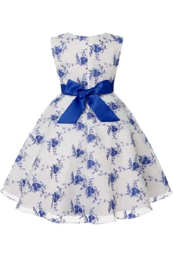 Azul Vestido de Menina Com Laço Renda