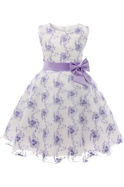 Azul Vestido de Menina Com Laço Renda