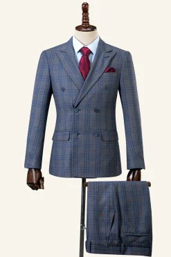 Azul Xadrez Duple Peito Lapela de Pico 2 Peças Terno Masculino