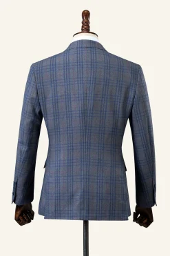 Azul Xadrez Duple Peito Lapela de Pico 2 Peças Terno Masculino