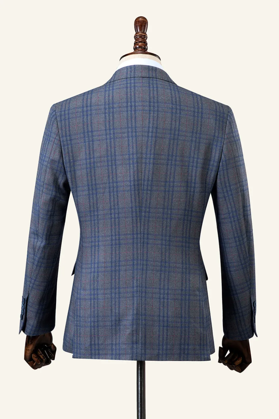 Azul Xadrez Duple Peito Lapela de Pico 2 Peças Terno Masculino