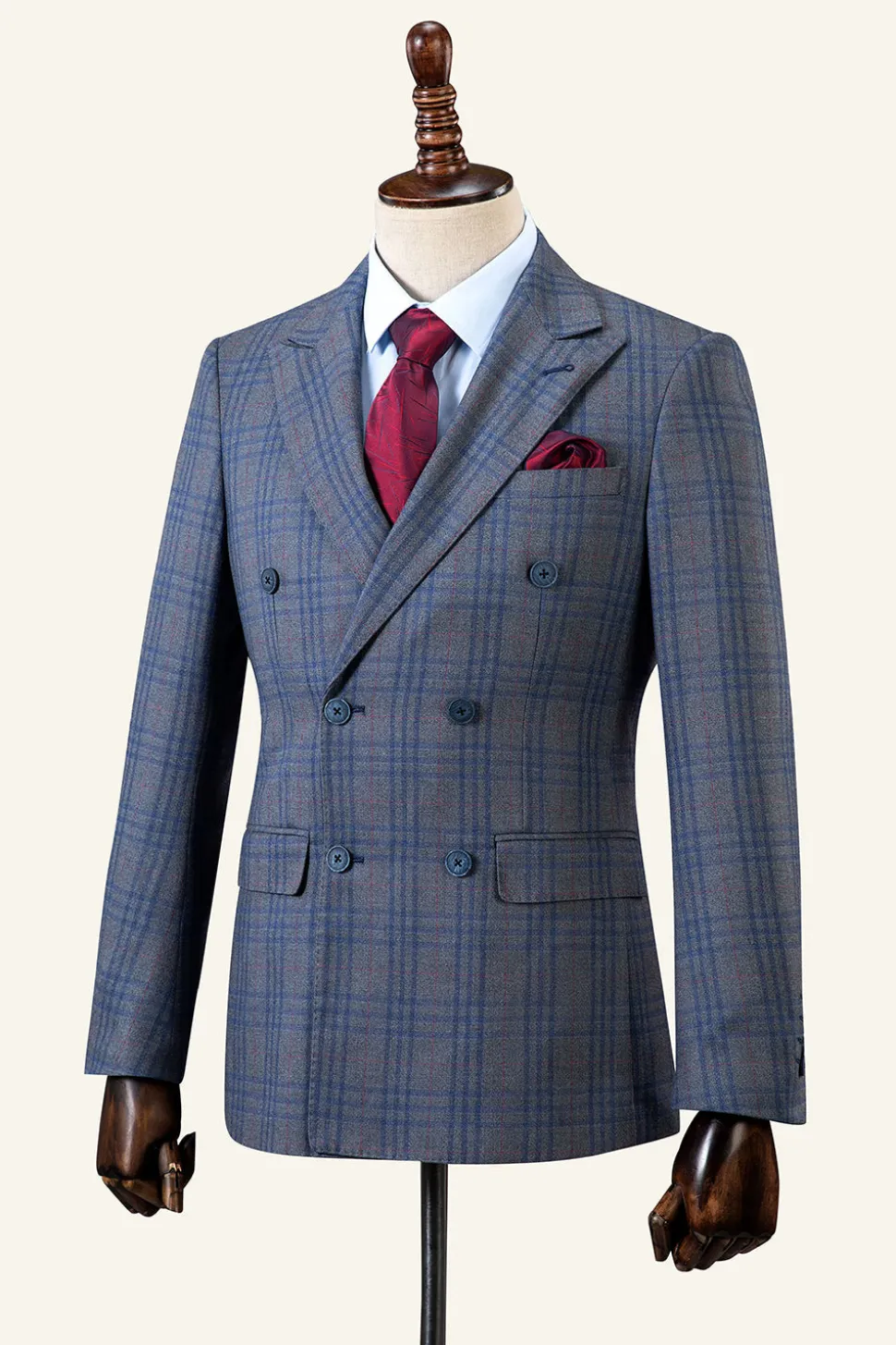 Azul Xadrez Duple Peito Lapela de Pico 2 Peças Terno Masculino
