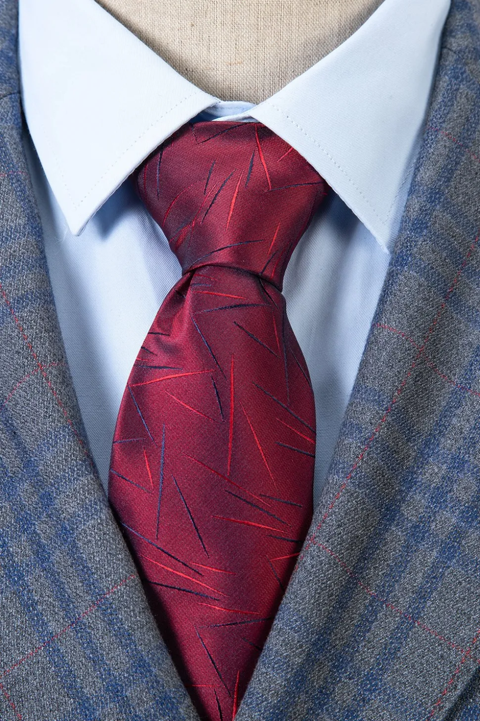 Azul Xadrez Duple Peito Lapela de Pico 2 Peças Terno Masculino