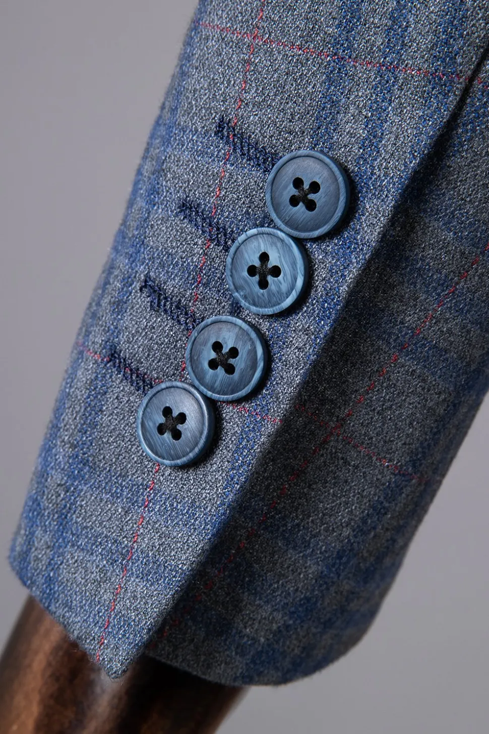 Azul Xadrez Duple Peito Lapela de Pico 2 Peças Terno Masculino