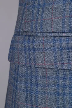 Azul Xadrez Duple Peito Lapela de Pico 2 Peças Terno Masculino