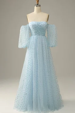 Azul-Céu Vestido de Festa Mangas Compridas