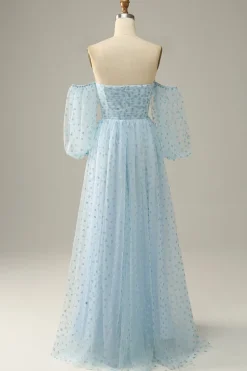 Azul-Céu Vestido de Festa Mangas Compridas
