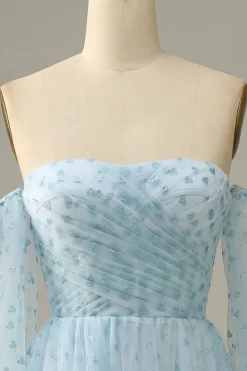Azul-Céu Vestido de Festa Mangas Compridas