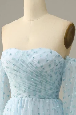 Azul-Céu Vestido de Festa Mangas Compridas