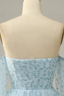 Azul-Céu Vestido de Festa Mangas Compridas