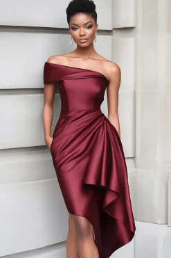 babado um ombro apertado Borgonha joelho comprimento vestido de gala
