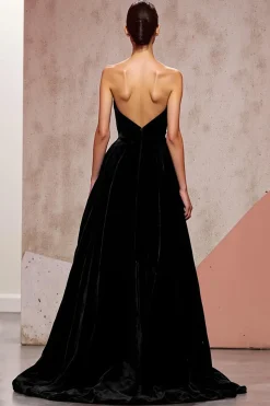 Backless simples veludo preto longo vestido de noite